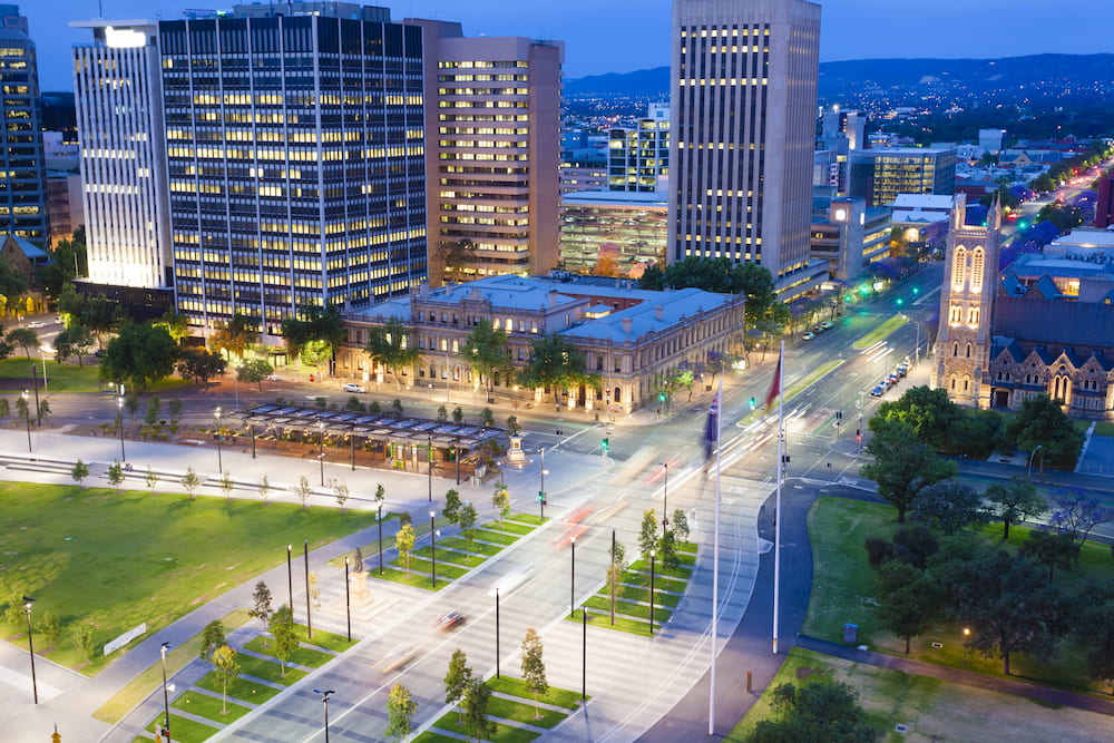 View of downtown area in Adelaide, South Australia, at twilight